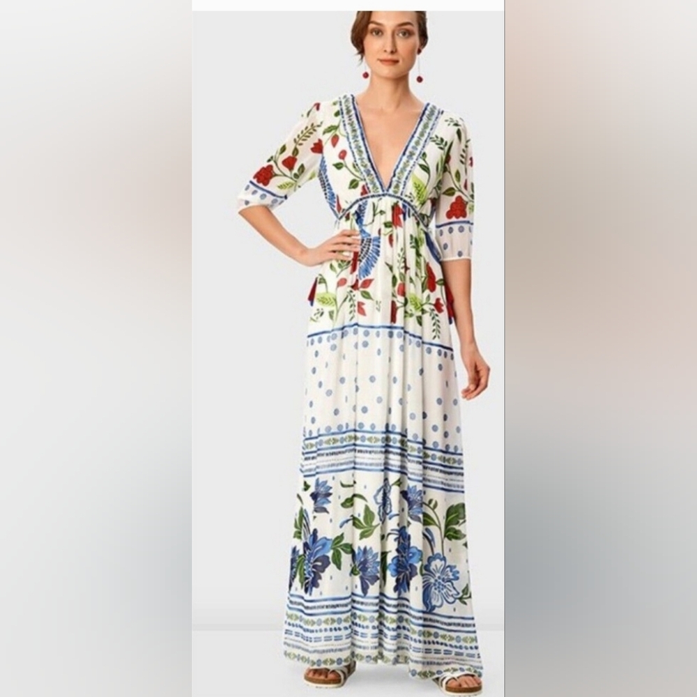 eShakti Wayward Fancies Floral Bird Print Maxi Dress Size L